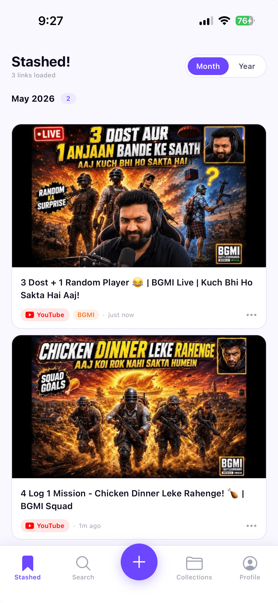 Stashly app showing saved links with YouTube thumbnails
