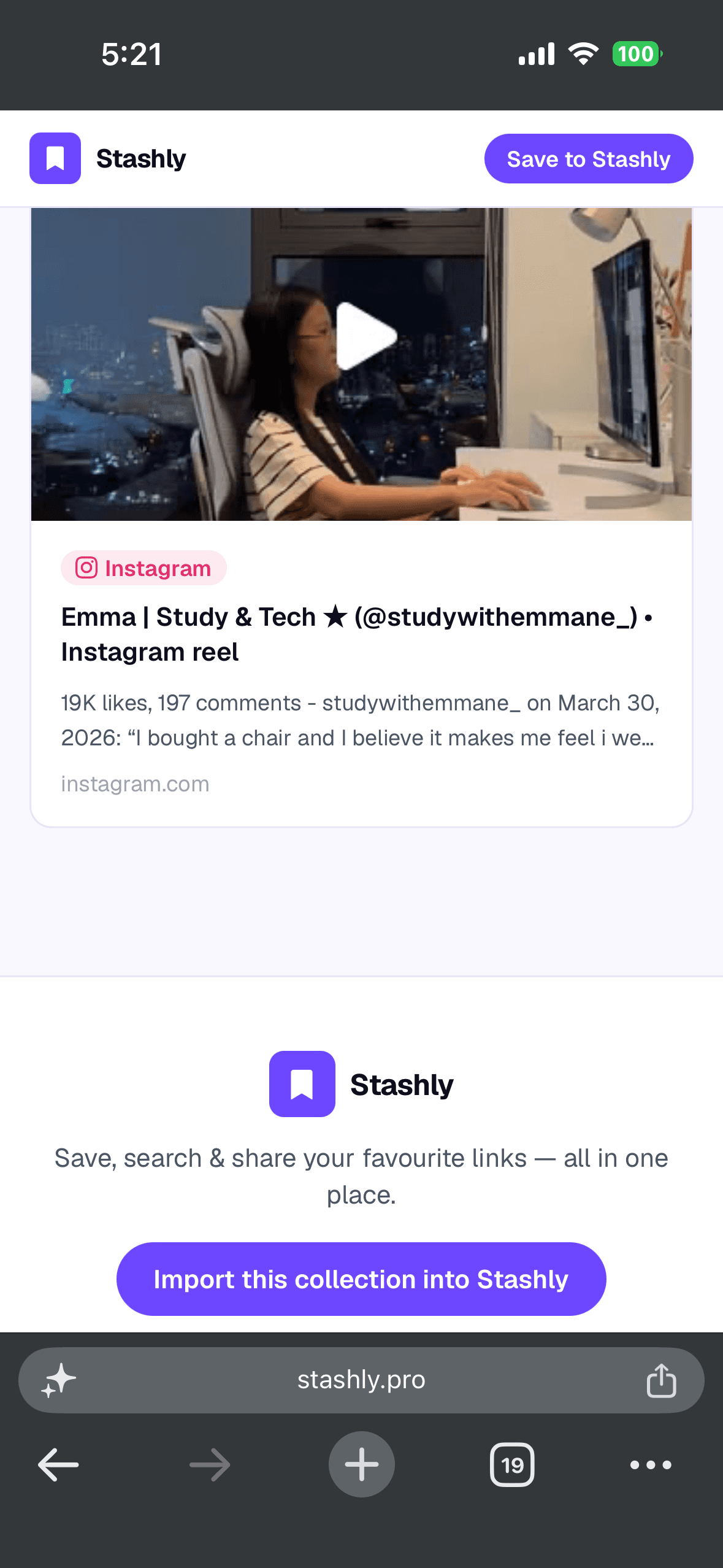 Stashly shared collection view with import button